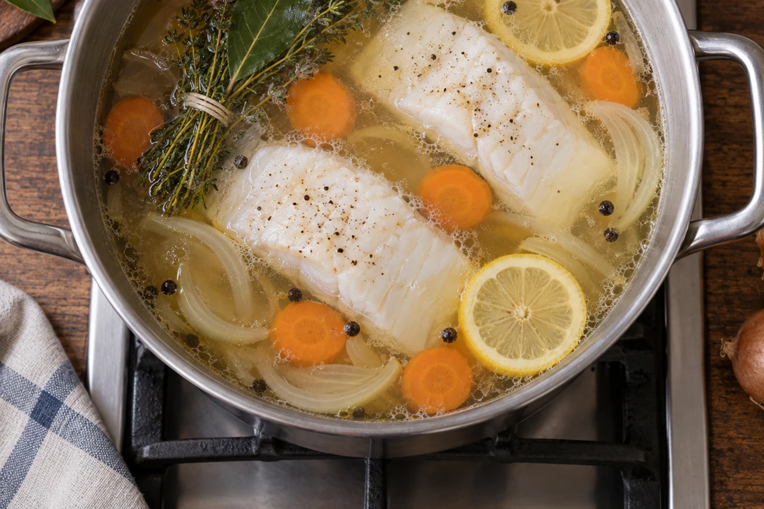 Deux morceaux de poisson blanc poché dans court-bouillon avec carottes, citron, herbes, poivre