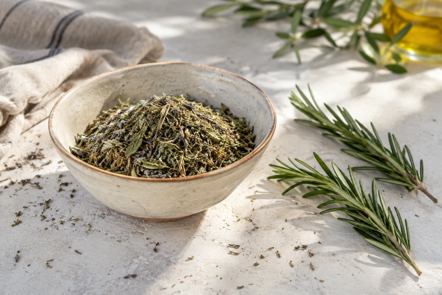 Bol de céramique rempli d'herbes de Provence séchées, branches de romarin à côté