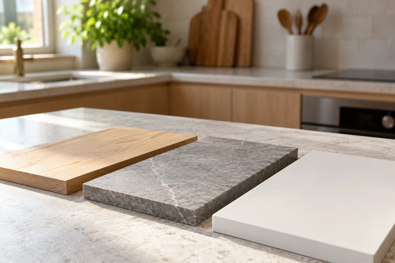 Trois échantillons de plans de travail : bois, marbre gris, surface blanche naturelle