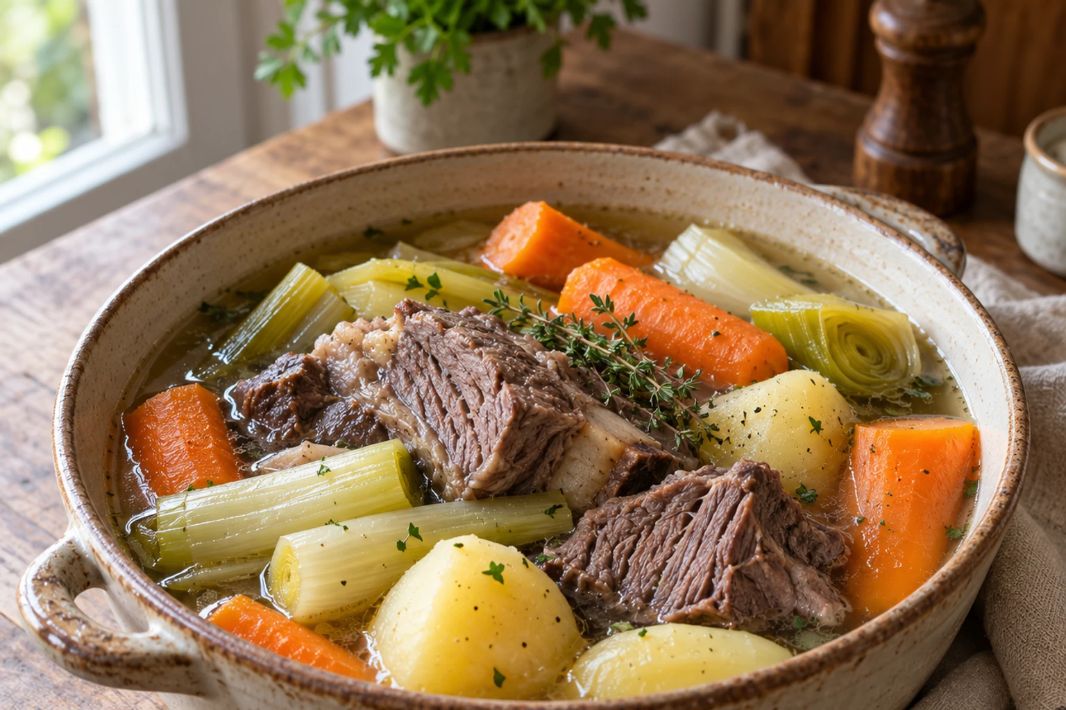 Bol de pot-au-feu avec morceaux de bœuf, carottes, poireaux et pommes de terre garnis de thym