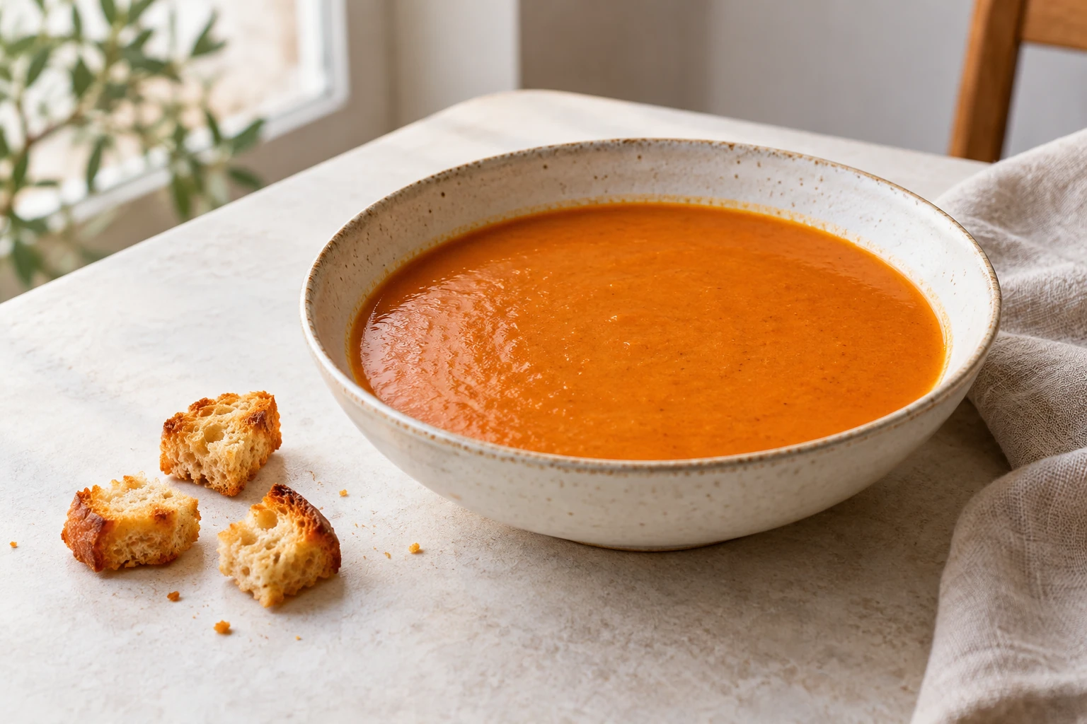 Bol de soupe de poisson orange veloutée posé sur table avec croûtons à côté
